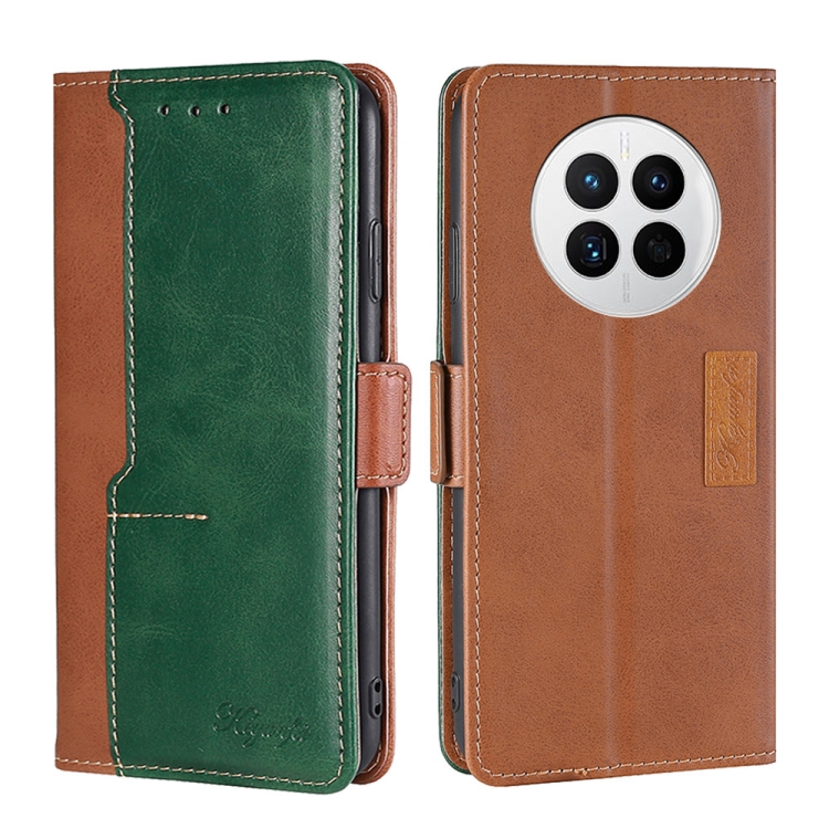 

For Huawei Mate 50 Contrast Color Side Buckle Leather Phone Case(Light Brown + Green)