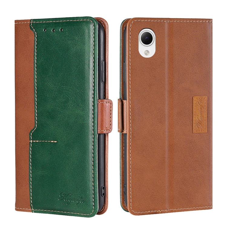 

For Samsung Galaxy A23e/A22e Contrast Color Side Buckle Leather Phone Case(Light Brown + Green)