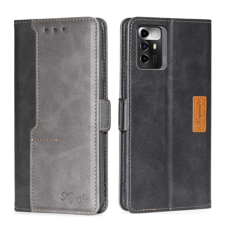 

For ZTE Blade A72 5G Contrast Color Side Buckle Leather Phone Case(Black + Grey)