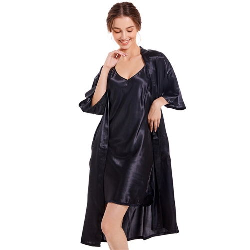 

Imitation Silk Pure Color Sexy V-neck Nightgown Sling Skirt 2 in 1 Kit, Size:XL(Black)