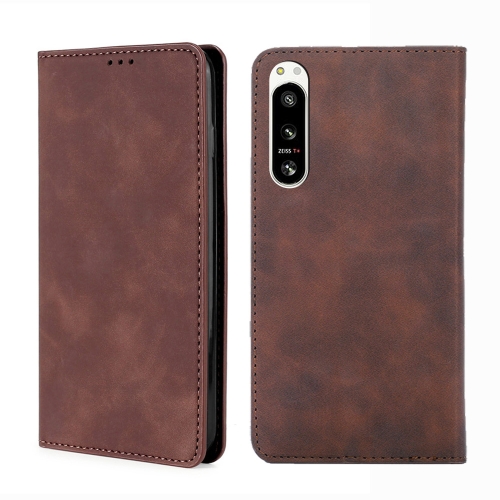 

For Sony Xperia 5 IV Skin Feel Magnetic Horizontal Flip Leather Phone Case(Dark Brown)