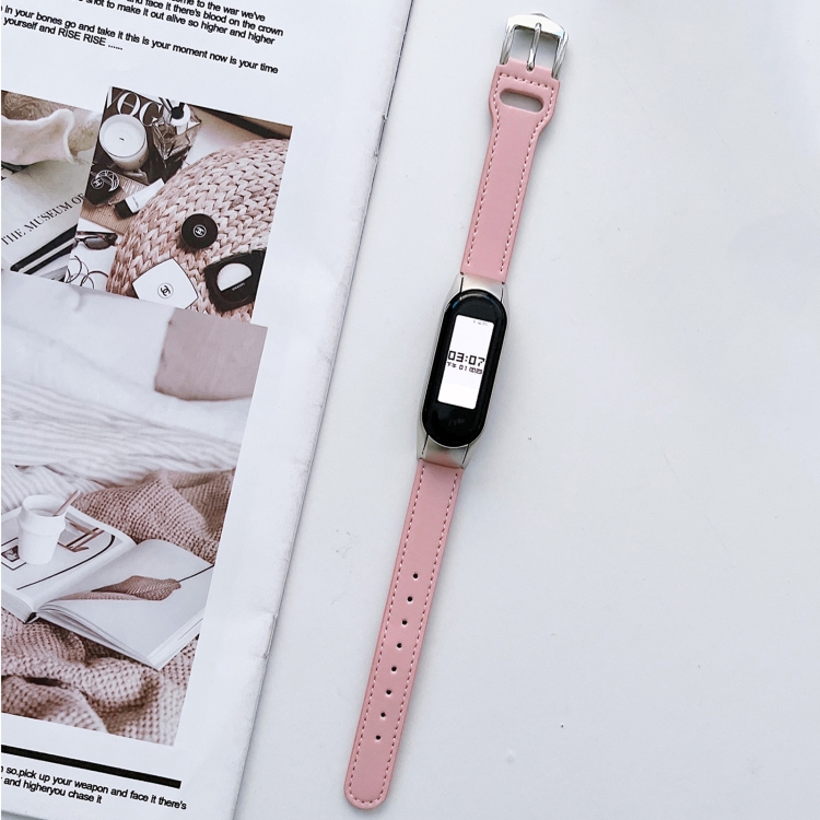 

For Xiaomi Mi Band 3 / 4 8-buckle Leather Watch Band(Pink)