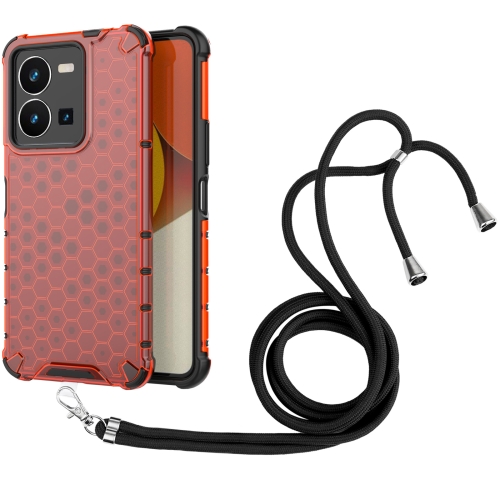 

For vivo Y35 4G / Y22S 4G Global Lanyard Honeycomb Phone Case(Red)