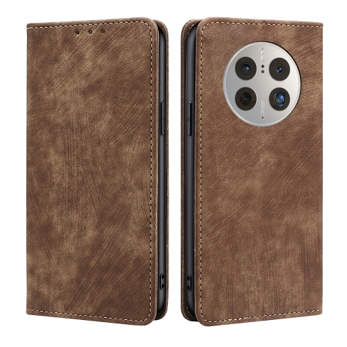 For Huawei Mate 50 Pro RFID Anti-theft Brush Magnetic Leather Phone Case(Brown)