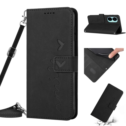 

For Tecno Camon 19 Skin Feel Heart Pattern Leather Phone Case with Lanyard(Black)