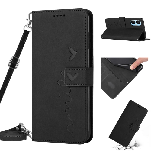 

For Tecno Spark 9 Pro Skin Feel Heart Pattern Leather Phone Case with Lanyard(Black)