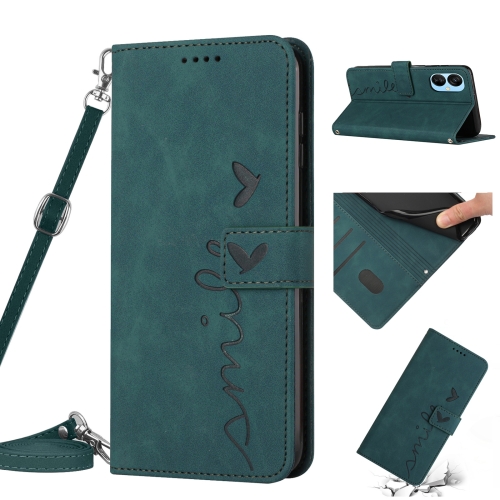 

For Tecno Spark 9T Skin Feel Heart Pattern Leather Phone Case with Lanyard(Green)