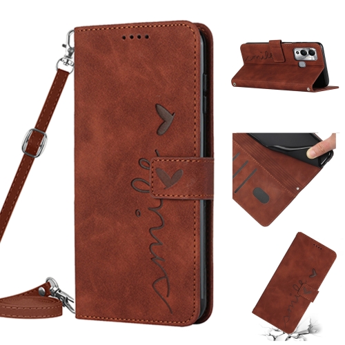 

For Infinix Hot 12 Play Skin Feel Heart Pattern Leather Phone Case with Lanyard(Brown)