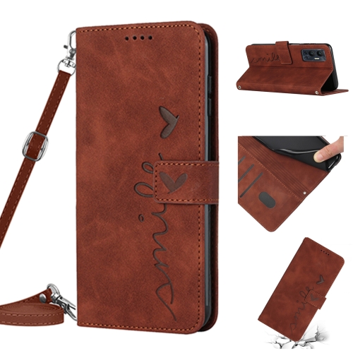 

For Infinix Hot 12 Skin Feel Heart Pattern Leather Phone Case with Lanyard(Brown)