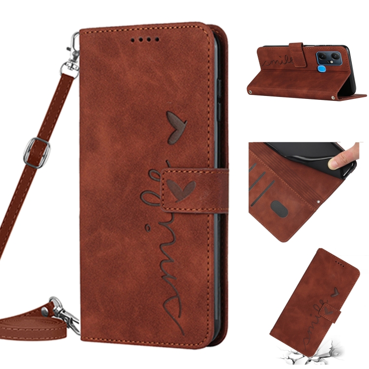 

For Infinix Smart 6 Plus Skin Feel Heart Pattern Leather Phone Case with Lanyard(Brown)