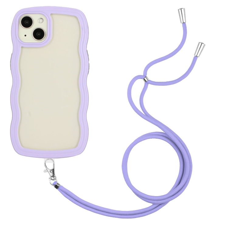 

For iPhone 15 Plus Lanyard Candy Color Wave TPU Clear PC Phone Case(Purple)
