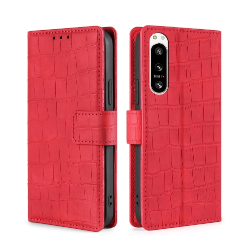 

For Sony Xperia 5 IV Skin Feel Crocodile Magnetic Clasp Leather Phone Case(Red)