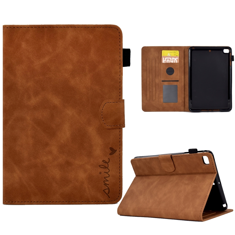 

For iPad mini 5/4/3/2/1 Embossed Smile Flip Tablet Leather Smart Case(Brown)