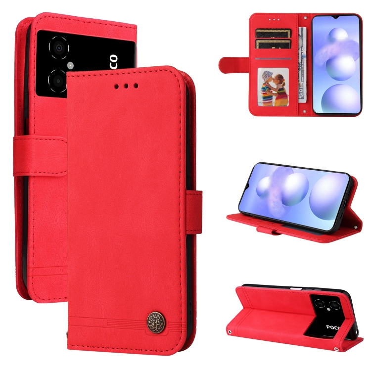 

For Xiaomi Poco M4 5G Skin Feel Life Tree Metal Button Leather Phone Case(Red)