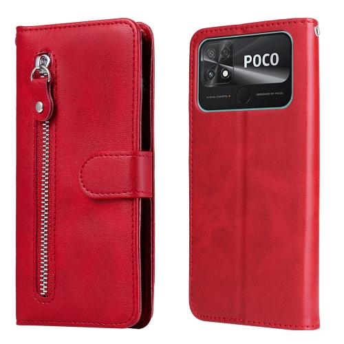 

For Xiaomi Poco C40 Calf Texture Zipper Leather Phone Case(Red)