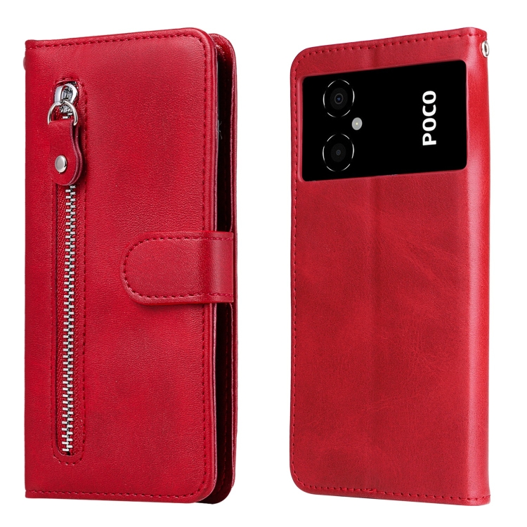 

For Xiaomi Poco M4 5G Calf Texture Zipper Leather Phone Case(Red)