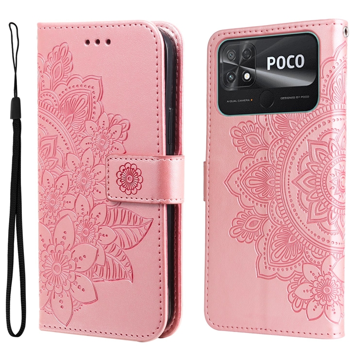 

For Xiaomi Poco C40 7-petal Flowers Embossing Leather Phone Case(Rose Gold)