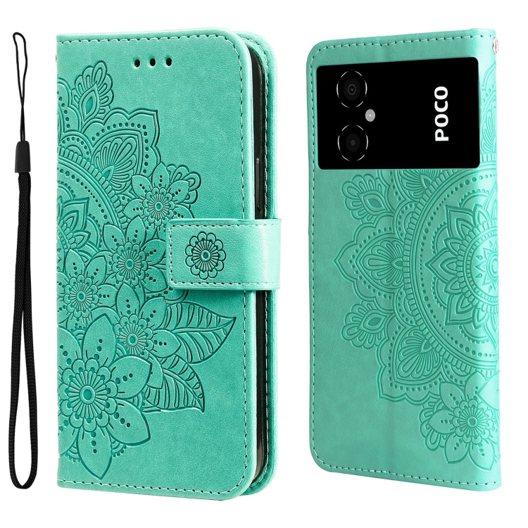 

For Xiaomi Poco M4 5G 7-petal Flowers Embossing Leather Phone Case(Green)