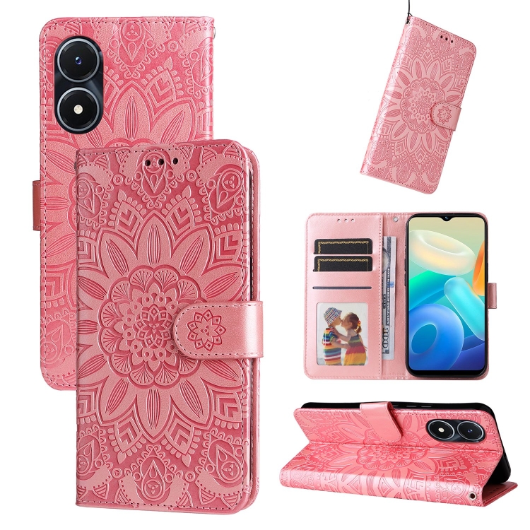 

For vivo Y02s Embossed Sunflower Leather Phone Case(Pink)