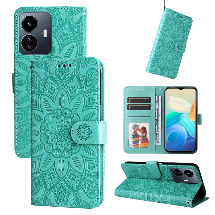

For vivo Y77 5G Embossed Sunflower Leather Phone Case(Green)