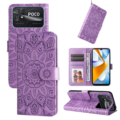 

For Xiaomi Poco C40 Embossed Sunflower Leather Phone Case(Purple)