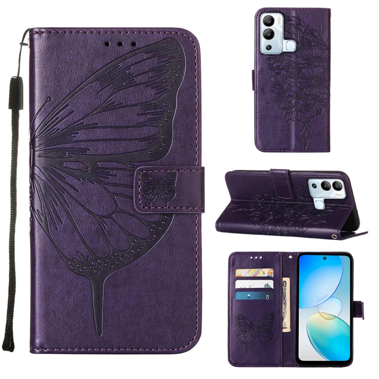 

For Infinix Hot 12i X665 Embossed Butterfly Flip Leather Phone Case(Dark Purple)