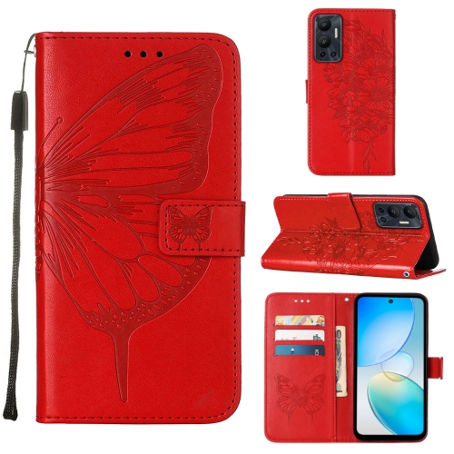 

For Infinix Hot 12 X6817 Embossed Butterfly Flip Leather Phone Case(Red)