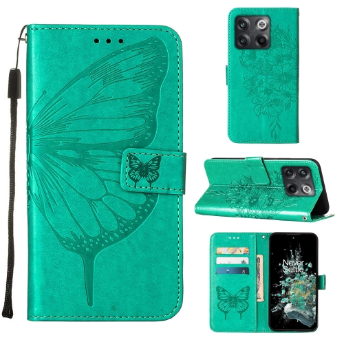 

For OnePlus 10T 5G Global Embossed Butterfly Flip Leather Phone Case(Green)