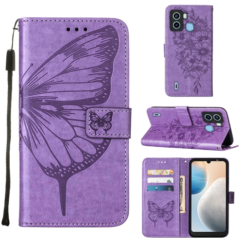 

For Tecno POP 6 Embossed Butterfly Flip Leather Phone Case(Purple)