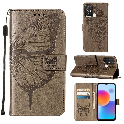 

For ZTE Blade A52 Embossed Butterfly Flip Leather Phone Case(Grey)