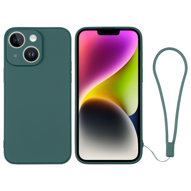 

For iPhone 14 Silicone Phone Case with Wrist Strap(Deep Green)