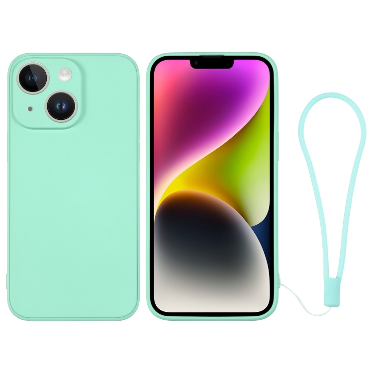 

For iPhone 14 Plus Silicone Phone Case with Wrist Strap(Mint Green)