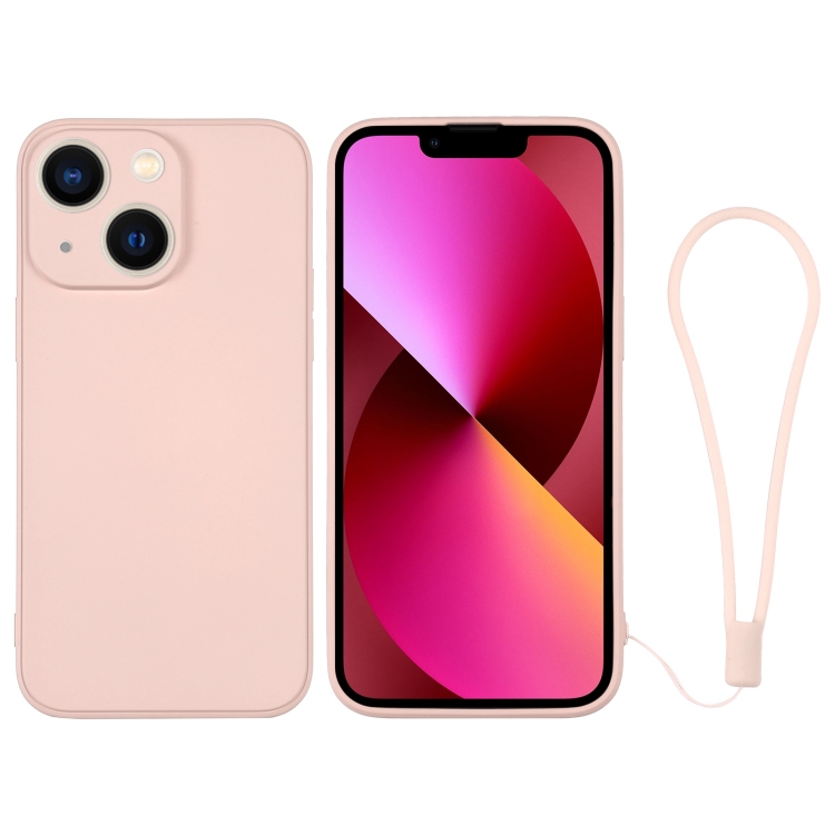 

For iPhone 13 Silicone Phone Case with Wrist Strap(Pink)