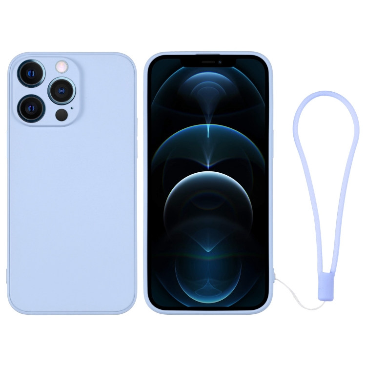 

For iPhone 12 Pro Max Silicone Phone Case with Wrist Strap(Light Blue)