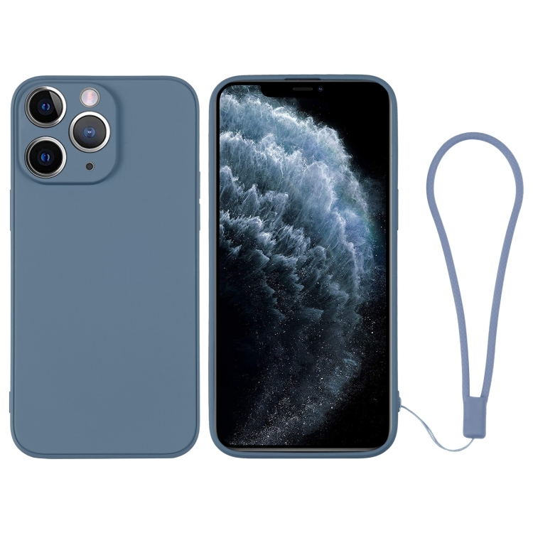 

For iPhone 11 Pro Silicone Phone Case with Wrist Strap(Grey Blue)