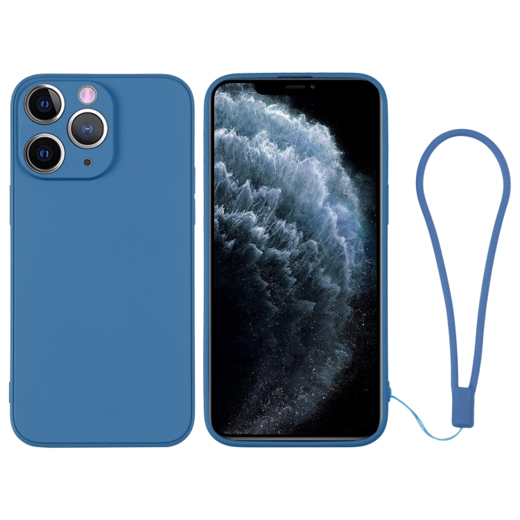 

For iPhone 11 Pro Max Silicone Phone Case with Wrist Strap(Blue)