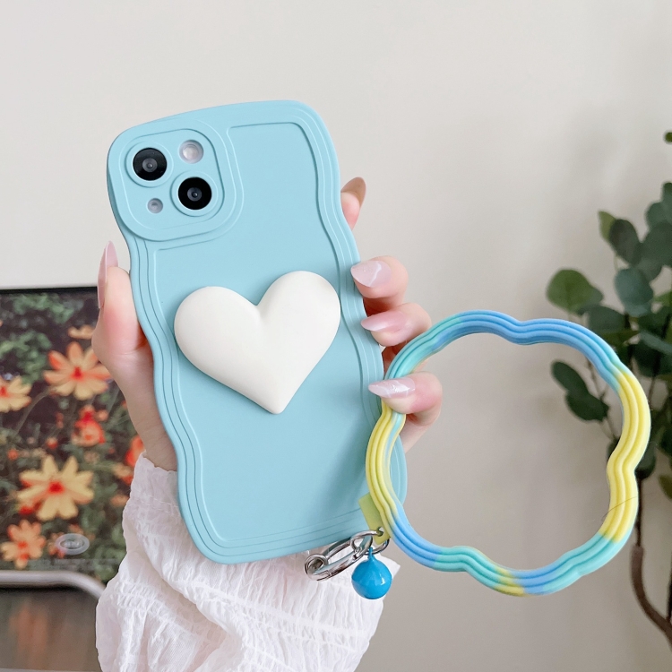 

For iPhone 14 Wave Edge Heart Silicone Phone Case with Wristband(Blue)