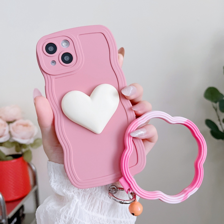 

For iPhone 14 Plus Wave Edge Heart Silicone Phone Case with Wristband(Pink)