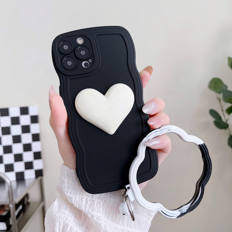 

For iPhone 14 Pro Wave Edge Heart Silicone Phone Case with Wristband(Black)