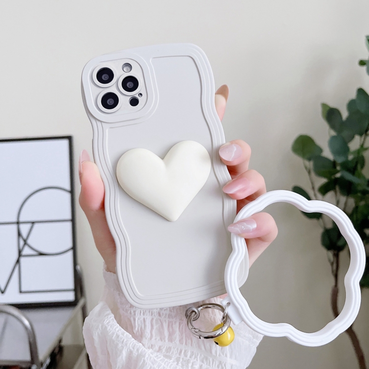 

For iPhone 14 Pro Wave Edge Heart Silicone Phone Case with Wristband(White)