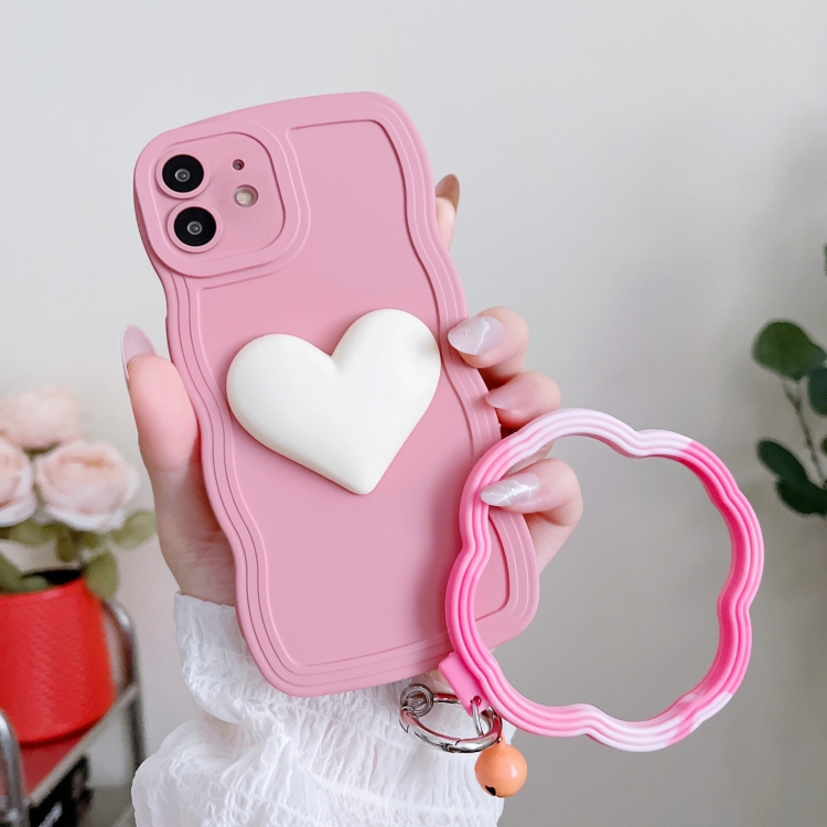 

For iPhone 12 mini Wave Edge Heart Silicone Phone Case with Wristband(Pink)