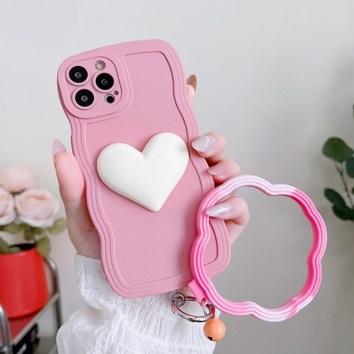 

For iPhone 12 Pro Wave Edge Heart Silicone Phone Case with Wristband(Pink)