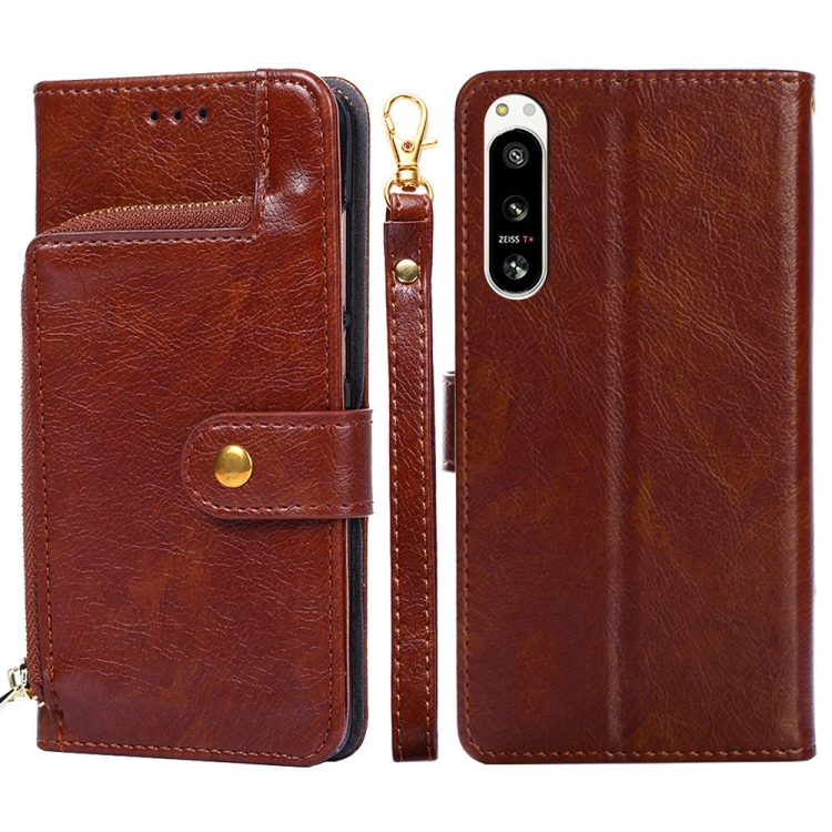 

For Sony Xperia 5 IV Zipper Bag Flip Leather Phone Case(Brown)