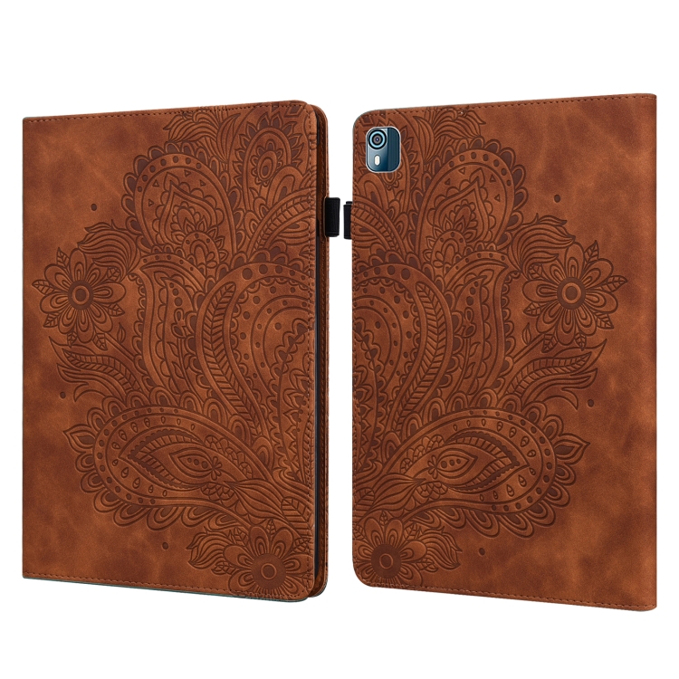 

For Nokia T10 Peacock Embossed Pattern Leather Tablet Case(Brown)