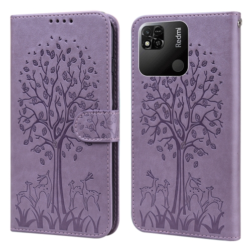 

For Xiaomi Redmi 10A Tree & Deer Pattern Pressed Flip Leather Phone Case(Purple)