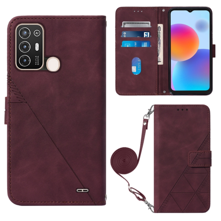 

For ZTE Blade A52 Crossbody 3D Embossed Flip Leather Phone Case(Wine Red)