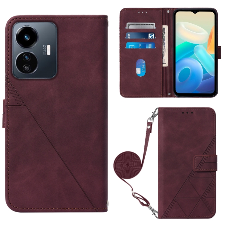 

For vivo Y77 5G Crossbody 3D Embossed Flip Leather Phone Case(Wine Red)