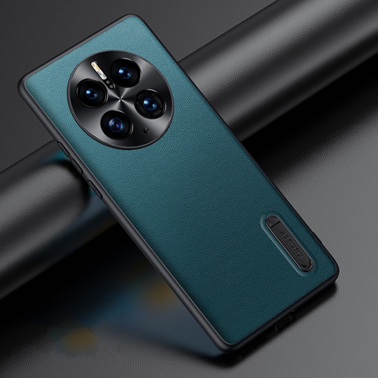 

For Huawei Mate 50 Pro Folding Holder Plain Leather Phone Case(Lake Green)