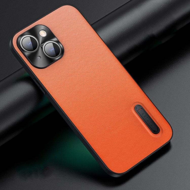 

For iPhone 14 Plus Folding Holder Plain Leather Phone Case(Orange)