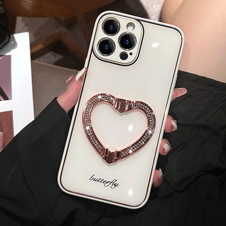 

For iPhone 14 Pro Max Diamond Heart Holder Phone Case(White)